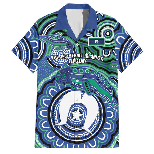 Torres Strait Islander Flag Day Personalised Family Matching Off The Shoulder Long Sleeve Dress and Hawaiian Shirt Dhari Dugongs Sea Cows Aboriginal Art