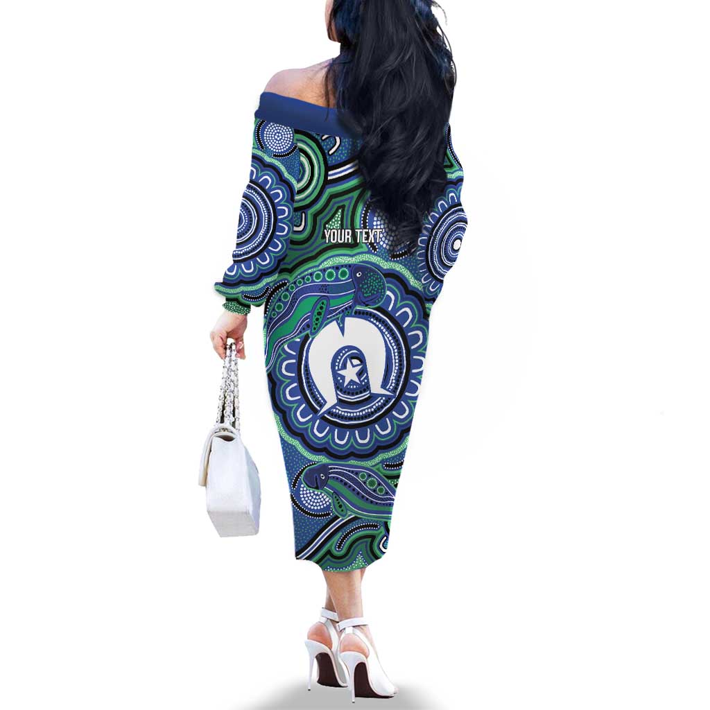 Torres Strait Islander Flag Day Personalised Family Matching Off The Shoulder Long Sleeve Dress and Hawaiian Shirt Dhari Dugongs Sea Cows Aboriginal Art