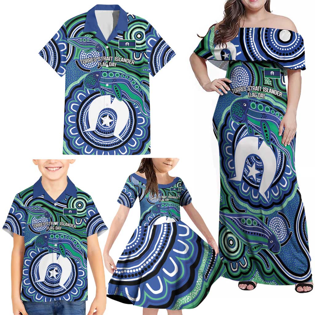 Torres Strait Islander Flag Day Personalised Family Matching Off Shoulder Maxi Dress and Hawaiian Shirt Dhari Dugongs Sea Cows Aboriginal Art