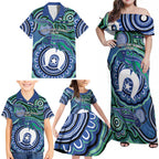 Torres Strait Islander Flag Day Personalised Family Matching Off Shoulder Maxi Dress and Hawaiian Shirt Dhari Dugongs Sea Cows Aboriginal Art