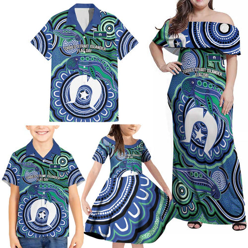 Torres Strait Islander Flag Day Personalised Family Matching Off Shoulder Maxi Dress and Hawaiian Shirt Dhari Dugongs Sea Cows Aboriginal Art