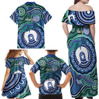 Torres Strait Islander Flag Day Personalised Family Matching Off Shoulder Maxi Dress and Hawaiian Shirt Dhari Dugongs Sea Cows Aboriginal Art