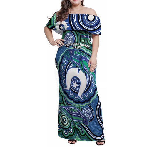 Torres Strait Islander Flag Day Personalised Family Matching Off Shoulder Maxi Dress and Hawaiian Shirt Dhari Dugongs Sea Cows Aboriginal Art
