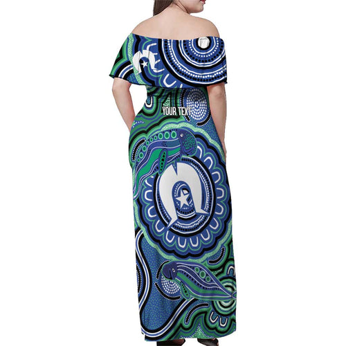 Torres Strait Islander Flag Day Personalised Family Matching Off Shoulder Maxi Dress and Hawaiian Shirt Dhari Dugongs Sea Cows Aboriginal Art