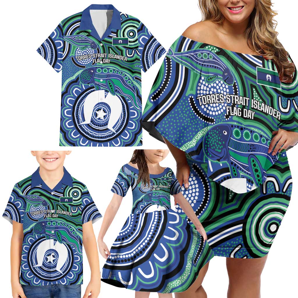 Torres Strait Islander Flag Day Personalised Family Matching Off Shoulder Short Dress and Hawaiian Shirt Dhari Dugongs Sea Cows Aboriginal Art
