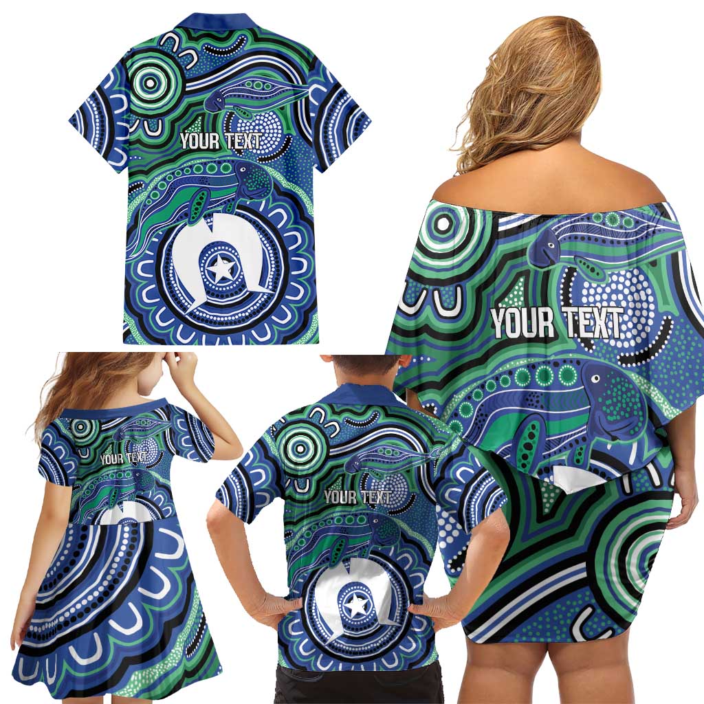 Torres Strait Islander Flag Day Personalised Family Matching Off Shoulder Short Dress and Hawaiian Shirt Dhari Dugongs Sea Cows Aboriginal Art