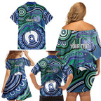 Torres Strait Islander Flag Day Personalised Family Matching Off Shoulder Short Dress and Hawaiian Shirt Dhari Dugongs Sea Cows Aboriginal Art
