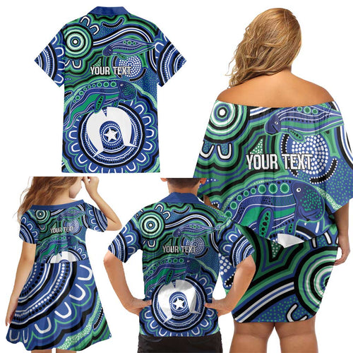 Torres Strait Islander Flag Day Personalised Family Matching Off Shoulder Short Dress and Hawaiian Shirt Dhari Dugongs Sea Cows Aboriginal Art