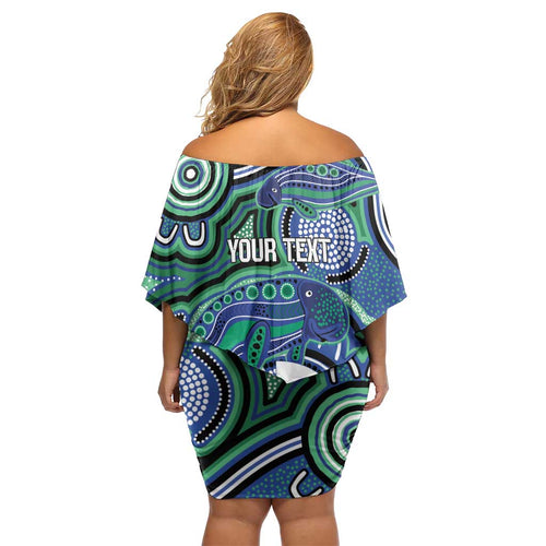 Torres Strait Islander Flag Day Personalised Family Matching Off Shoulder Short Dress and Hawaiian Shirt Dhari Dugongs Sea Cows Aboriginal Art