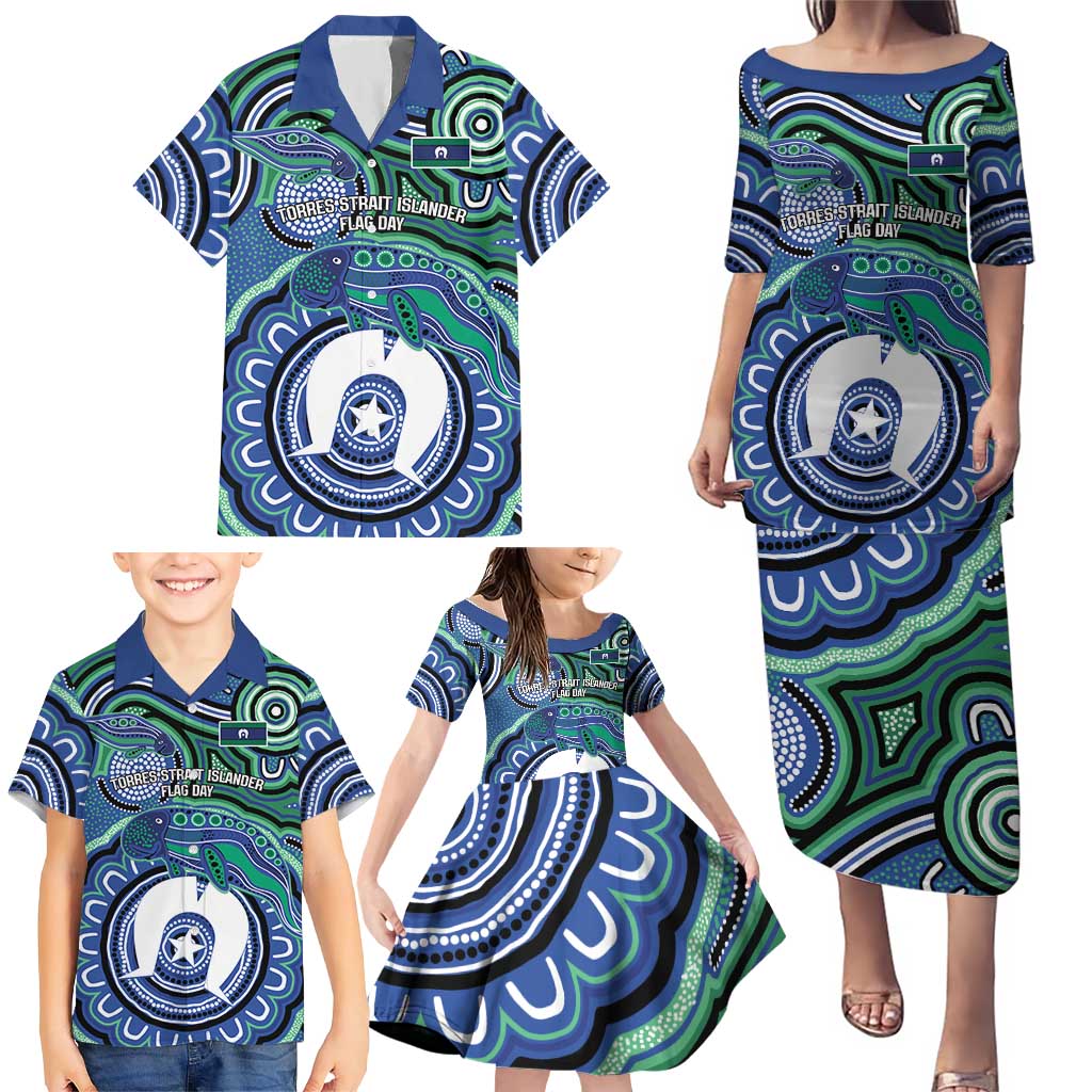 Torres Strait Islander Flag Day Personalised Family Matching Puletasi and Hawaiian Shirt Dhari Dugongs Sea Cows Aboriginal Art