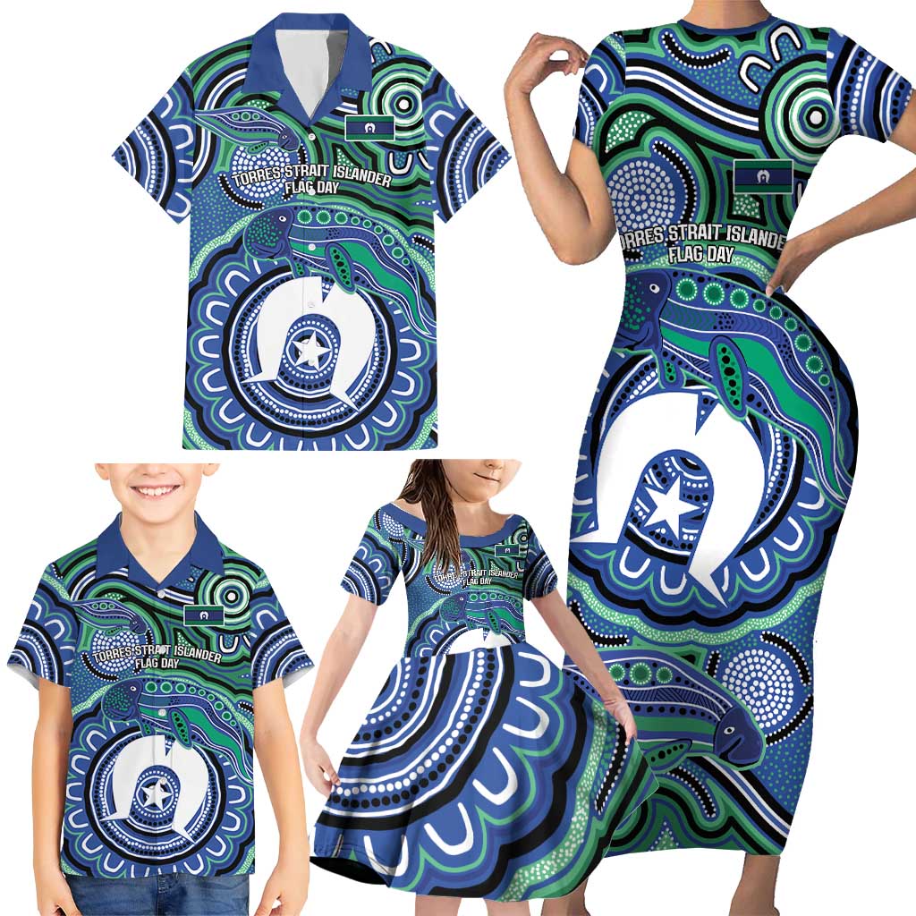 Torres Strait Islander Flag Day Personalised Family Matching Short Sleeve Bodycon Dress and Hawaiian Shirt Dhari Dugongs Sea Cows Aboriginal Art