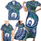 Torres Strait Islander Flag Day Personalised Family Matching Short Sleeve Bodycon Dress and Hawaiian Shirt Dhari Dugongs Sea Cows Aboriginal Art
