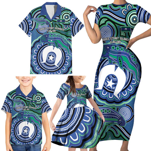Torres Strait Islander Flag Day Personalised Family Matching Short Sleeve Bodycon Dress and Hawaiian Shirt Dhari Dugongs Sea Cows Aboriginal Art