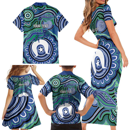 Torres Strait Islander Flag Day Personalised Family Matching Short Sleeve Bodycon Dress and Hawaiian Shirt Dhari Dugongs Sea Cows Aboriginal Art