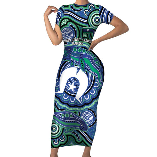 Torres Strait Islander Flag Day Personalised Family Matching Short Sleeve Bodycon Dress and Hawaiian Shirt Dhari Dugongs Sea Cows Aboriginal Art