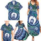 Torres Strait Islander Flag Day Personalised Family Matching Summer Maxi Dress and Hawaiian Shirt Dhari Dugongs Sea Cows Aboriginal Art