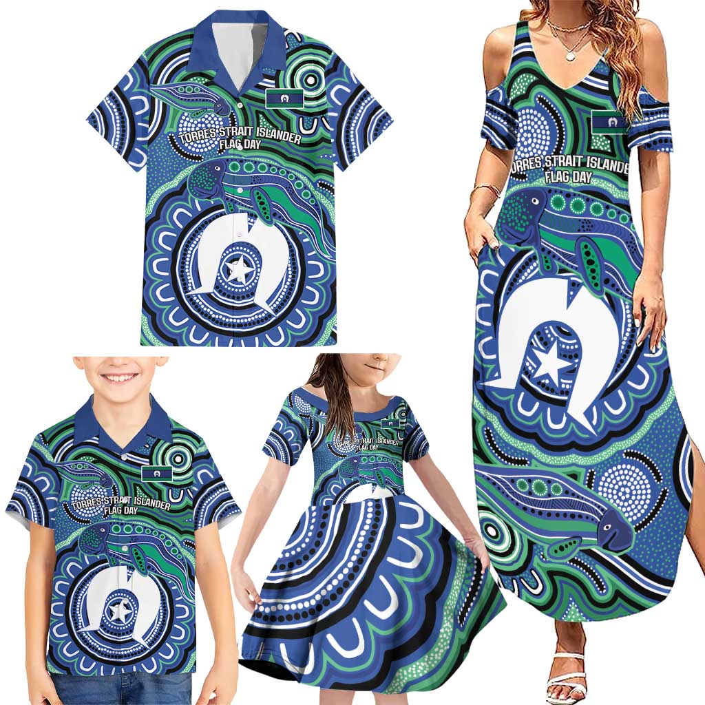 Torres Strait Islander Flag Day Personalised Family Matching Summer Maxi Dress and Hawaiian Shirt Dhari Dugongs Sea Cows Aboriginal Art