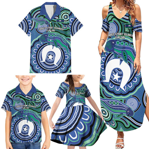 Torres Strait Islander Flag Day Personalised Family Matching Summer Maxi Dress and Hawaiian Shirt Dhari Dugongs Sea Cows Aboriginal Art