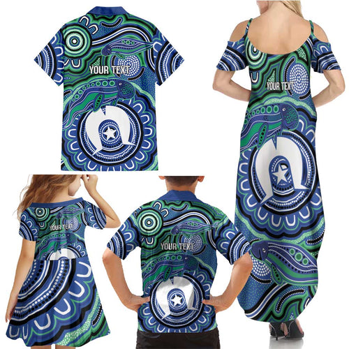 Torres Strait Islander Flag Day Personalised Family Matching Summer Maxi Dress and Hawaiian Shirt Dhari Dugongs Sea Cows Aboriginal Art