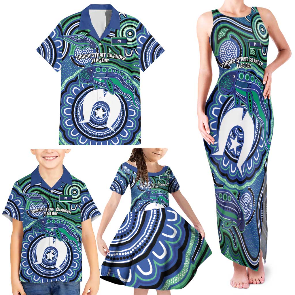 Torres Strait Islander Flag Day Personalised Family Matching Tank Maxi Dress and Hawaiian Shirt Dhari Dugongs Sea Cows Aboriginal Art