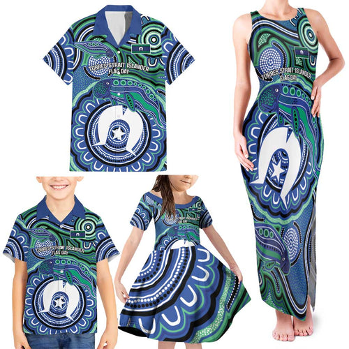 Torres Strait Islander Flag Day Personalised Family Matching Tank Maxi Dress and Hawaiian Shirt Dhari Dugongs Sea Cows Aboriginal Art