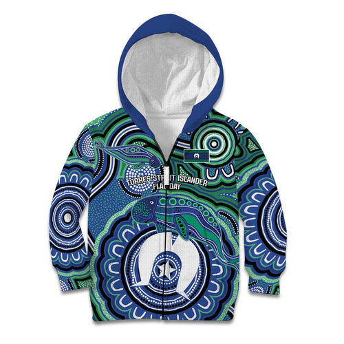 Torres Strait Islander Flag Day Personalised Kid Hoodie Dhari Dugongs Sea Cows Aboriginal Art