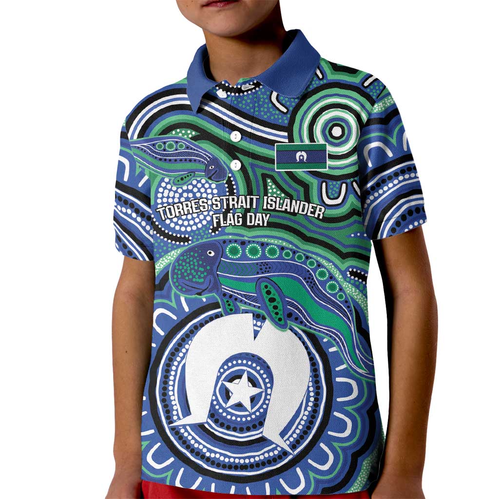 Torres Strait Islander Flag Day Personalised Kid Polo Shirt Dhari Dugongs Sea Cows Aboriginal Art