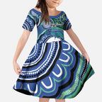 Torres Strait Islander Flag Day Personalised Kid Short Sleeve Dress Dhari Dugongs Sea Cows Aboriginal Art