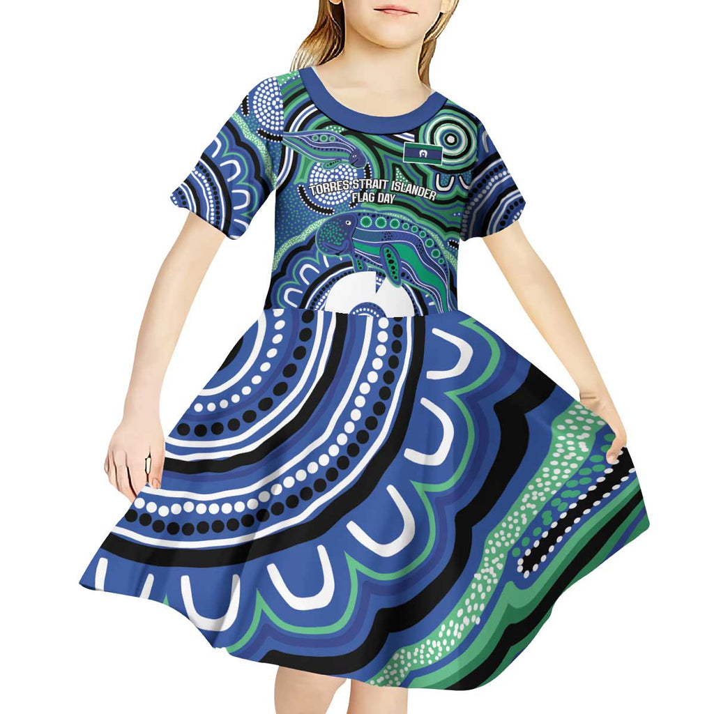 Torres Strait Islander Flag Day Personalised Kid Short Sleeve Dress Dhari Dugongs Sea Cows Aboriginal Art