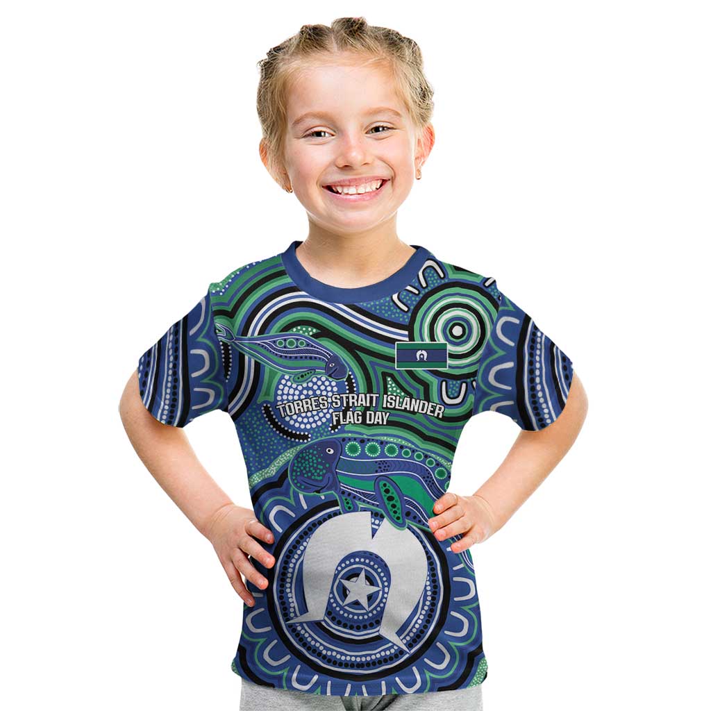 Torres Strait Islander Flag Day Personalised Kid T Shirt Dhari Dugongs Sea Cows Aboriginal Art