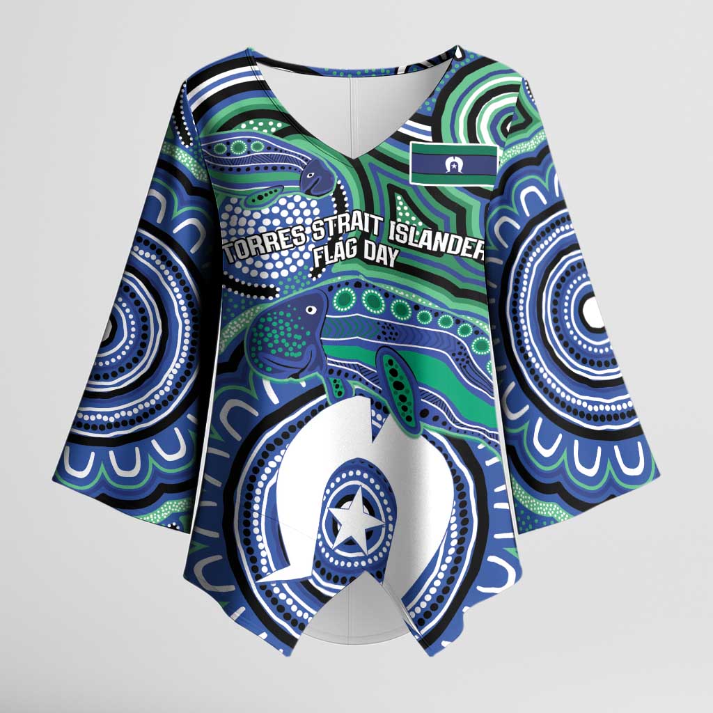 Torres Strait Islander Flag Day Personalised Kimono Sleeve Blouse Dhari Dugongs Sea Cows Aboriginal Art