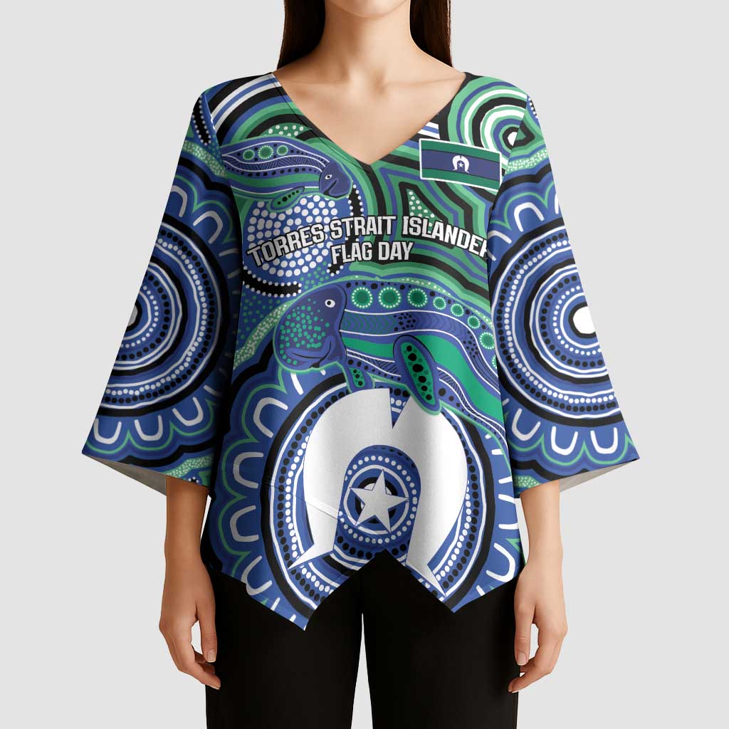 Torres Strait Islander Flag Day Personalised Kimono Sleeve Blouse Dhari Dugongs Sea Cows Aboriginal Art