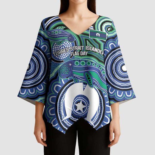 Torres Strait Islander Flag Day Personalised Kimono Sleeve Blouse Dhari Dugongs Sea Cows Aboriginal Art