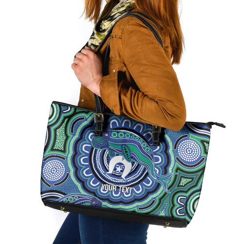 Torres Strait Islander Flag Day Personalised Leather Tote Bag Dhari Dugongs Sea Cows Aboriginal Art