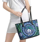Torres Strait Islander Flag Day Personalised Leather Tote Bag Dhari Dugongs Sea Cows Aboriginal Art