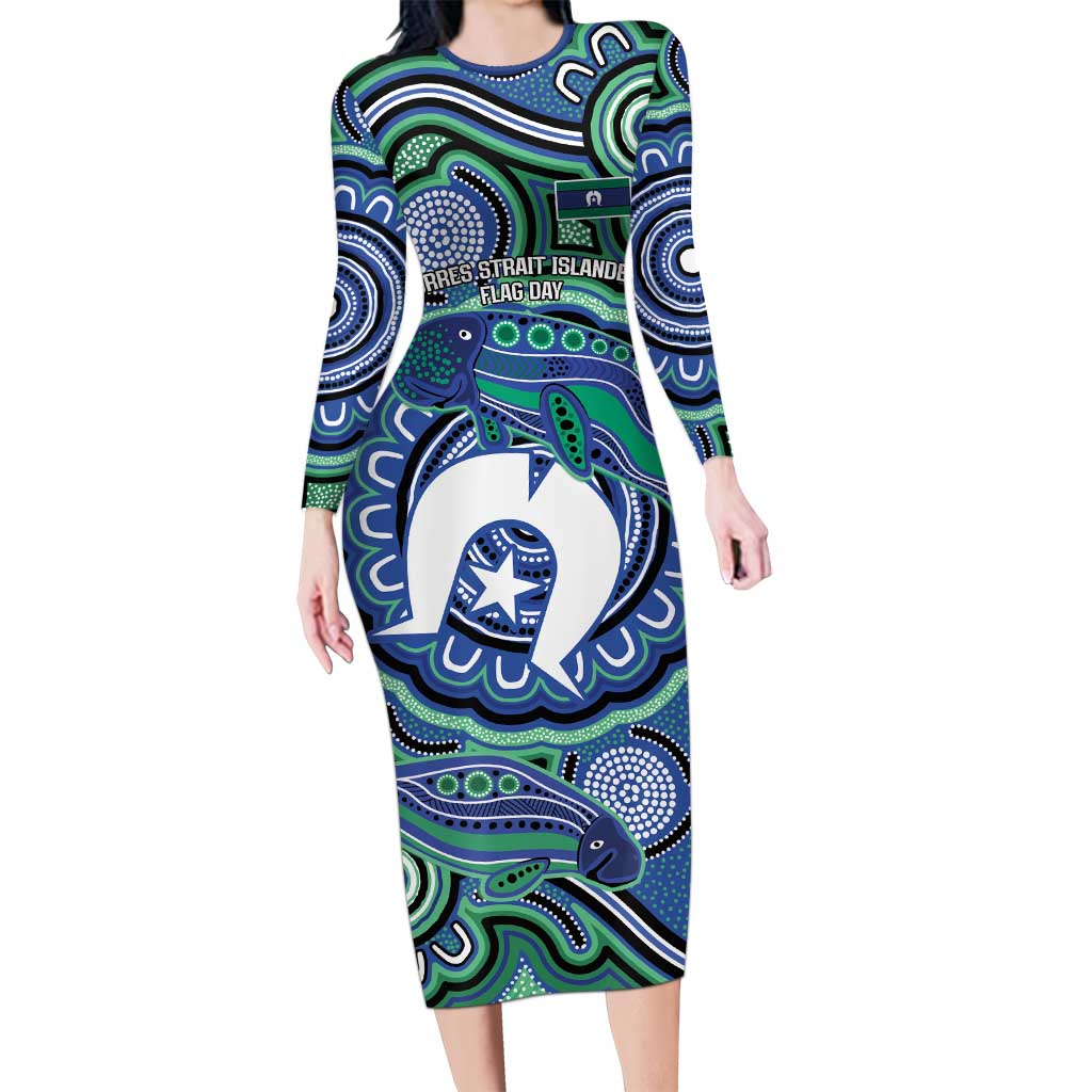 Torres Strait Islander Flag Day Personalised Long Sleeve Bodycon Dress Dhari Dugongs Sea Cows Aboriginal Art