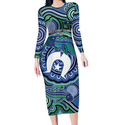 Torres Strait Islander Flag Day Personalised Long Sleeve Bodycon Dress Dhari Dugongs Sea Cows Aboriginal Art