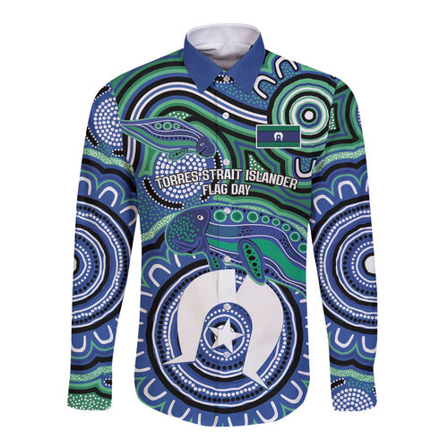 Torres Strait Islander Flag Day Personalised Long Sleeve Button Shirt Dhari Dugongs Sea Cows Aboriginal Art