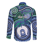Torres Strait Islander Flag Day Personalised Long Sleeve Button Shirt Dhari Dugongs Sea Cows Aboriginal Art