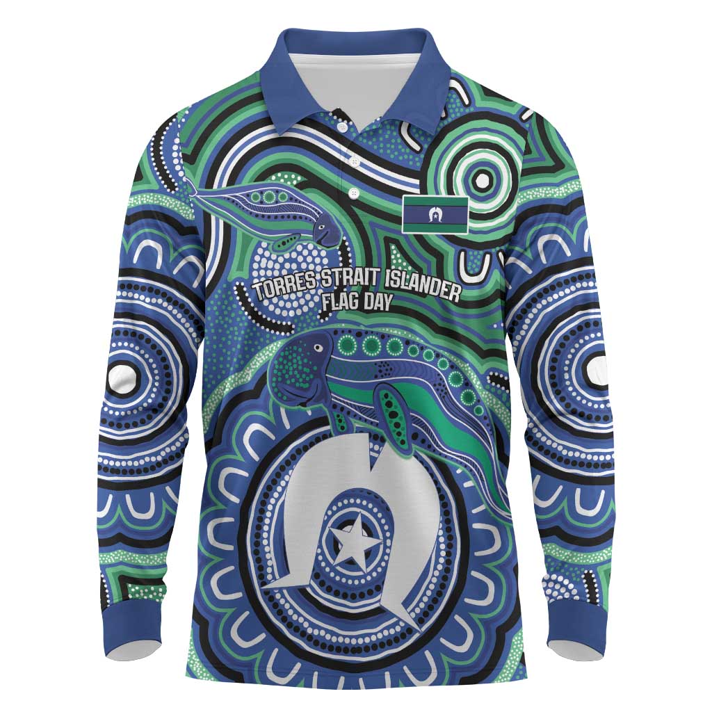 Torres Strait Islander Flag Day Personalised Long Sleeve Polo Shirt Dhari Dugongs Sea Cows Aboriginal Art