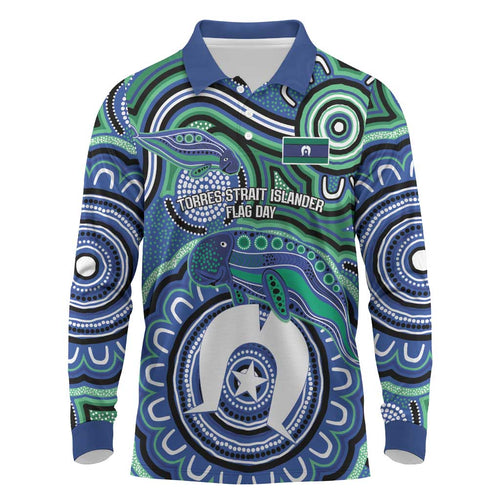 Torres Strait Islander Flag Day Personalised Long Sleeve Polo Shirt Dhari Dugongs Sea Cows Aboriginal Art