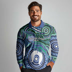 Torres Strait Islander Flag Day Personalised Long Sleeve Polo Shirt Dhari Dugongs Sea Cows Aboriginal Art