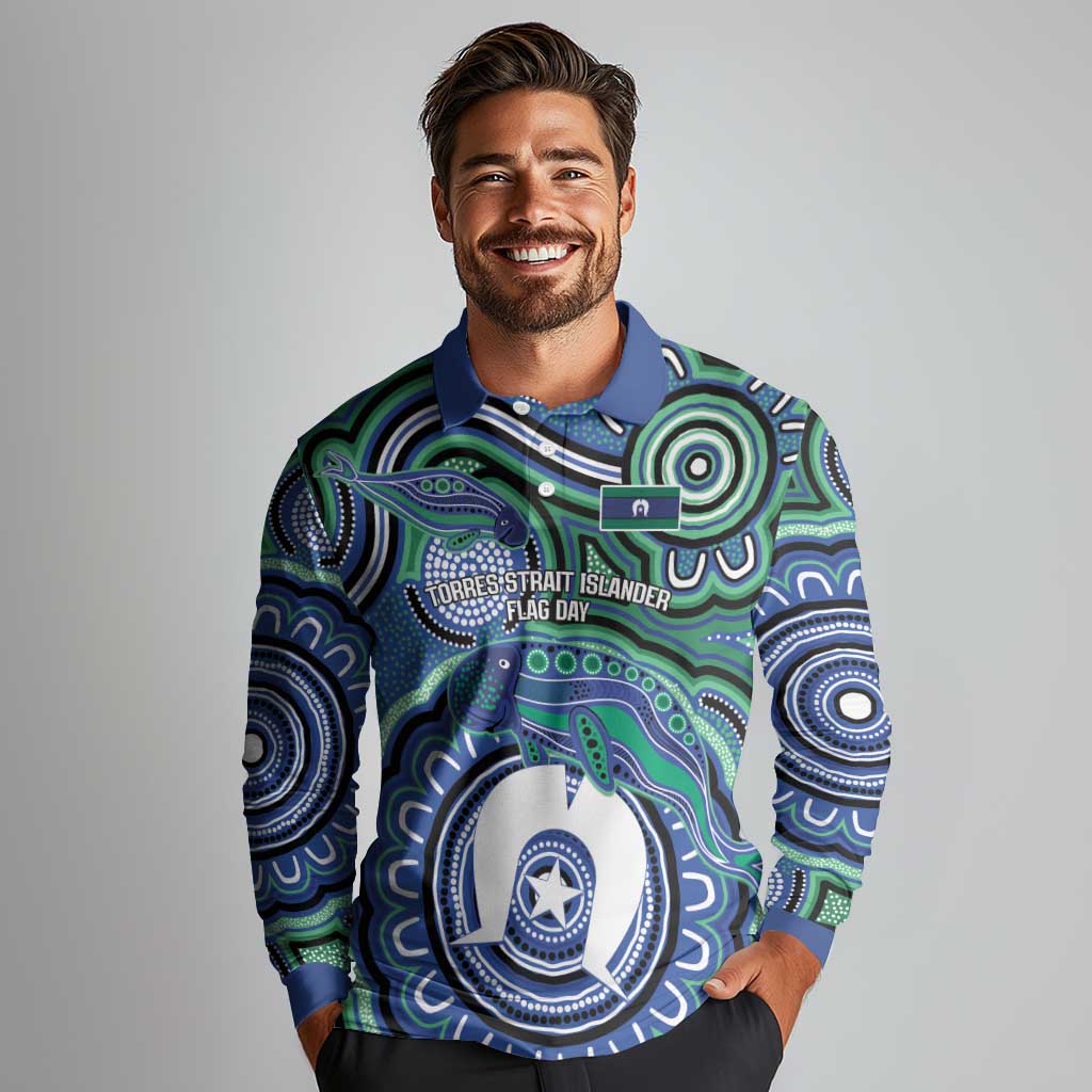 Torres Strait Islander Flag Day Personalised Long Sleeve Polo Shirt Dhari Dugongs Sea Cows Aboriginal Art