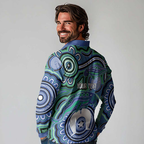 Torres Strait Islander Flag Day Personalised Long Sleeve Polo Shirt Dhari Dugongs Sea Cows Aboriginal Art
