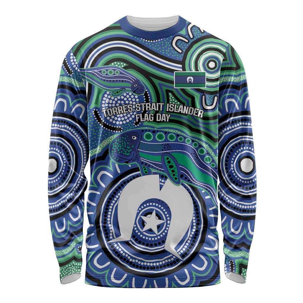 Torres Strait Islander Flag Day Personalised Long Sleeve Shirt Dhari Dugongs Sea Cows Aboriginal Art
