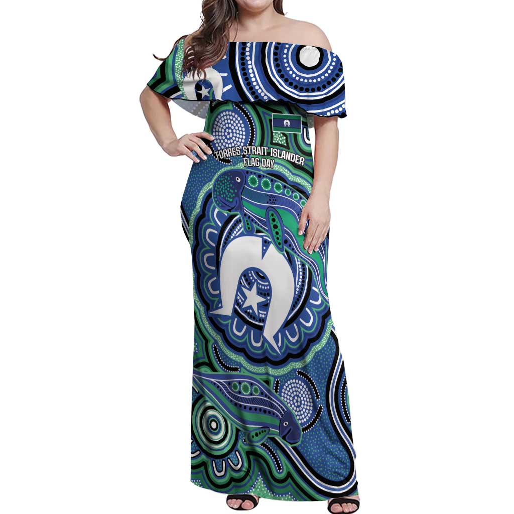 Torres Strait Islander Flag Day Personalised Off Shoulder Maxi Dress Dhari Dugongs Sea Cows Aboriginal Art
