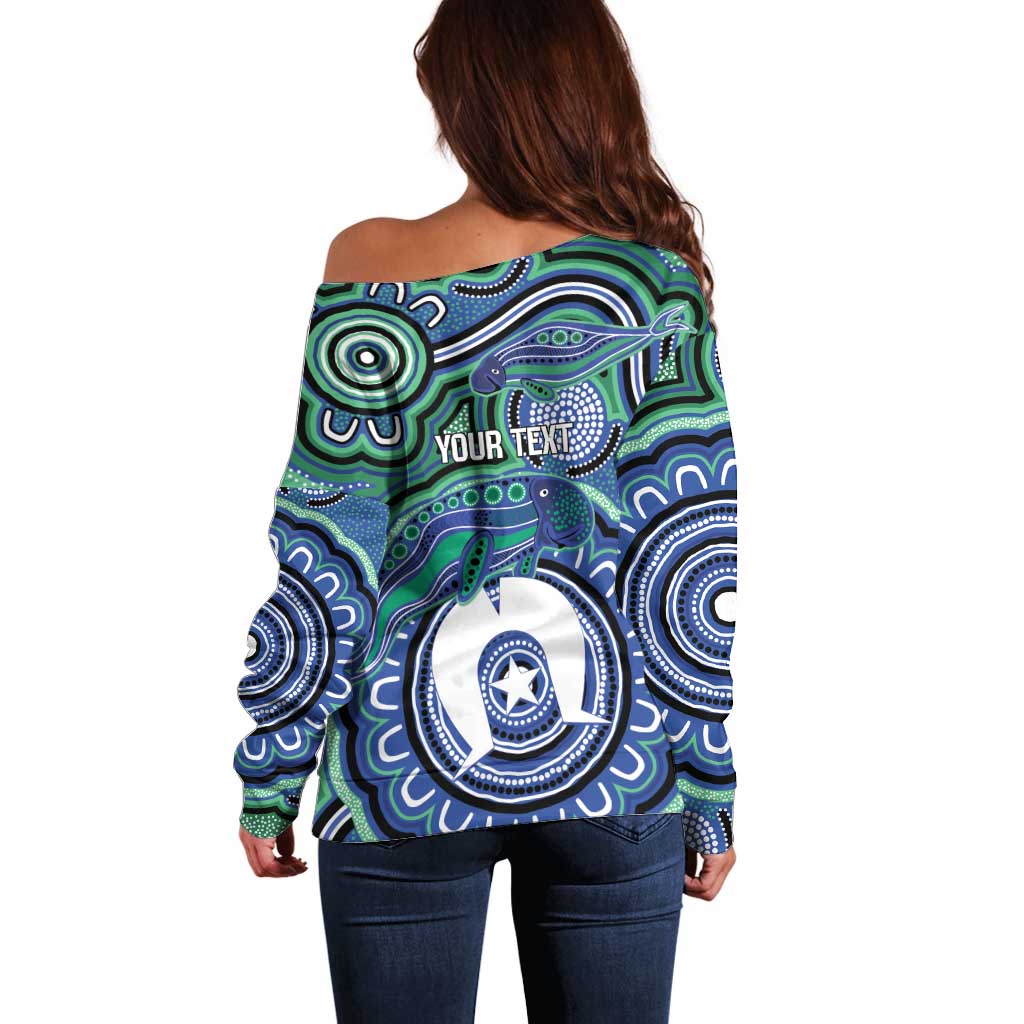 Torres Strait Islander Flag Day Personalised Off Shoulder Sweater Dhari Dugongs Sea Cows Aboriginal Art
