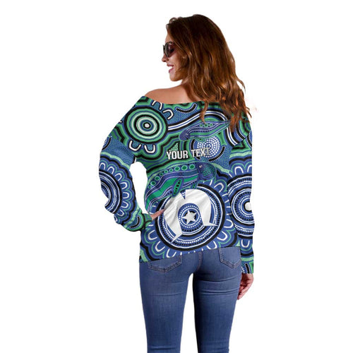 Torres Strait Islander Flag Day Personalised Off Shoulder Sweater Dhari Dugongs Sea Cows Aboriginal Art