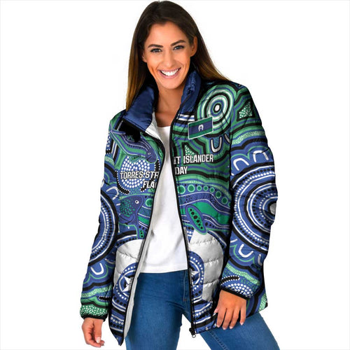 Torres Strait Islander Flag Day Personalised Padded Jacket Dhari Dugongs Sea Cows Aboriginal Art