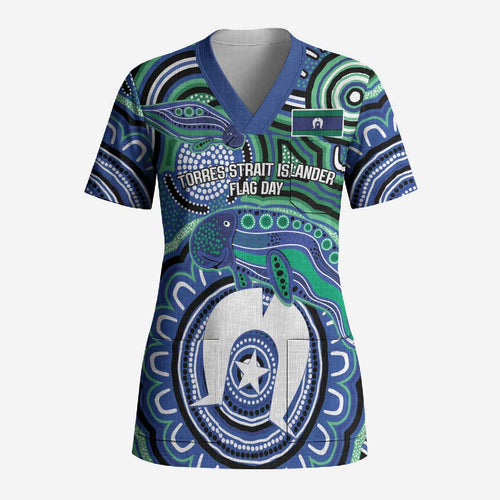 Torres Strait Islander Flag Day Personalised Scrub Top Dhari Dugongs Sea Cows Aboriginal Art